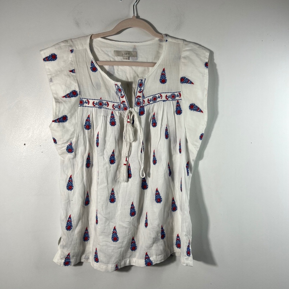 Loft V Neck Embroidered Cap Sleeve Tunic Pattern White Red Blue S Tie V Neck